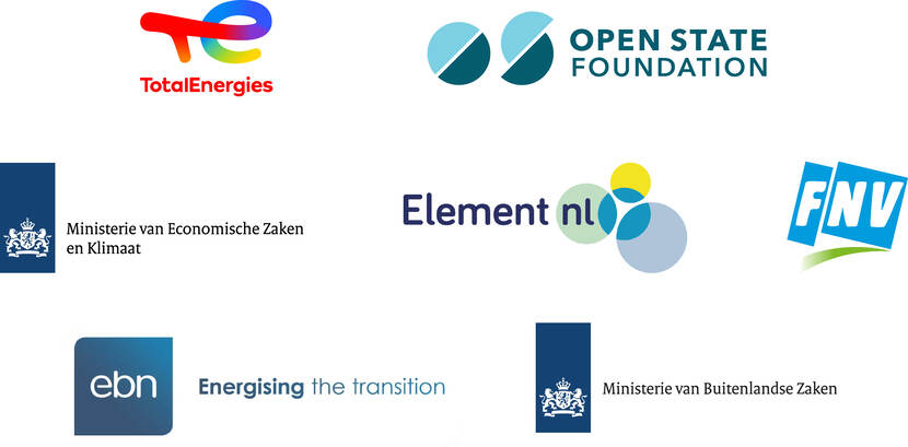 Logo's van de organisaties uit de multi-stackholdergroep van NL-EITI: Element nl, Energie Beheer Nederland, FNV, ministerie van Economische Zaken en Klimaat, ministerie van Buitenlandse Zaken, Open State Foundation, TotalEnergies.